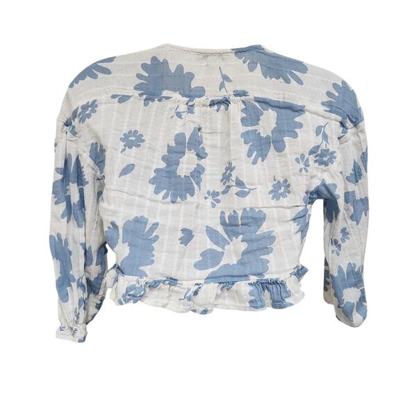 American Eagle Floral V-Neck Tie Front Crop Top 3/4 Sleeve White Blue Size XS - Picture 5 of 10